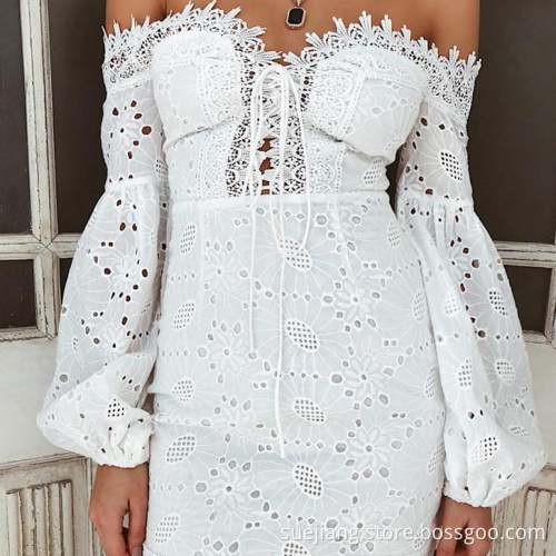 Women Puff Sleeve Shoulder Off Lace Embroidery Dress